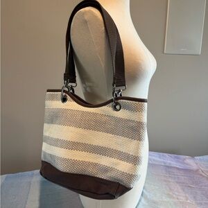 Thirty-One Brown and Cream Shoulder Bag with Striped Design